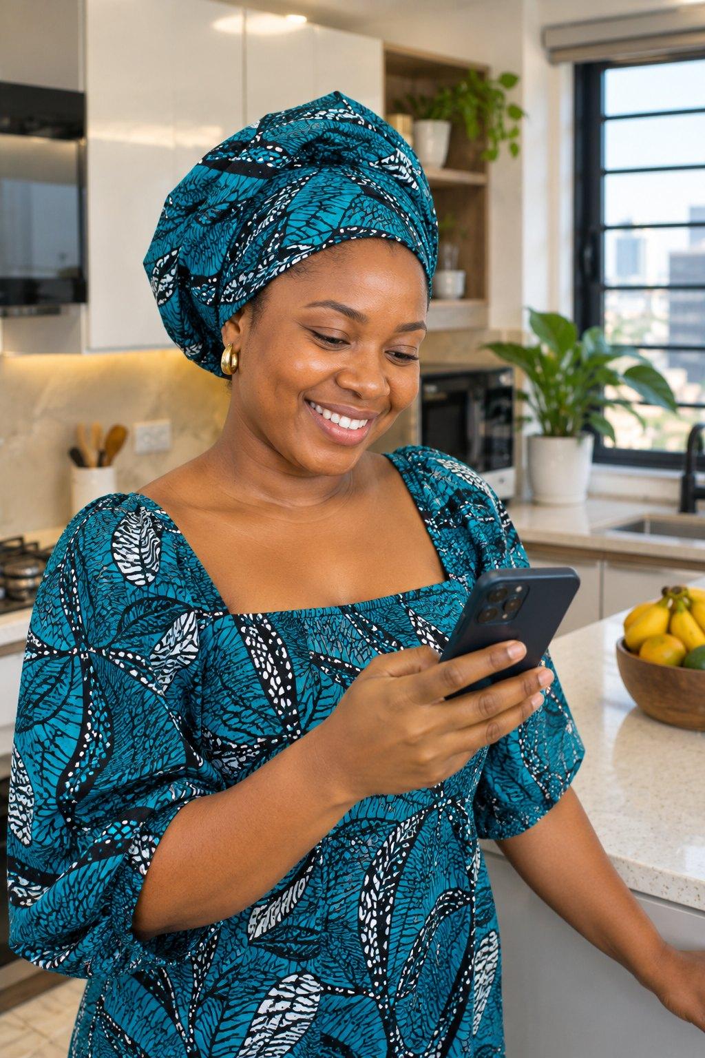 A smiling woman in a teal ankara dress and head wrap checking her phone in a bright Lagos kitchen